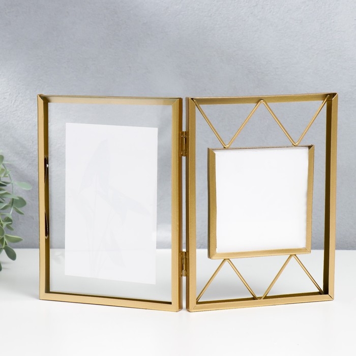 Фоторамка металл на 2 фото 10х10, 10х15 см Фоторамка металл на 2 фото 10х10, 10х15 см "Лофт. Треугольники" золото 20х30,5 см