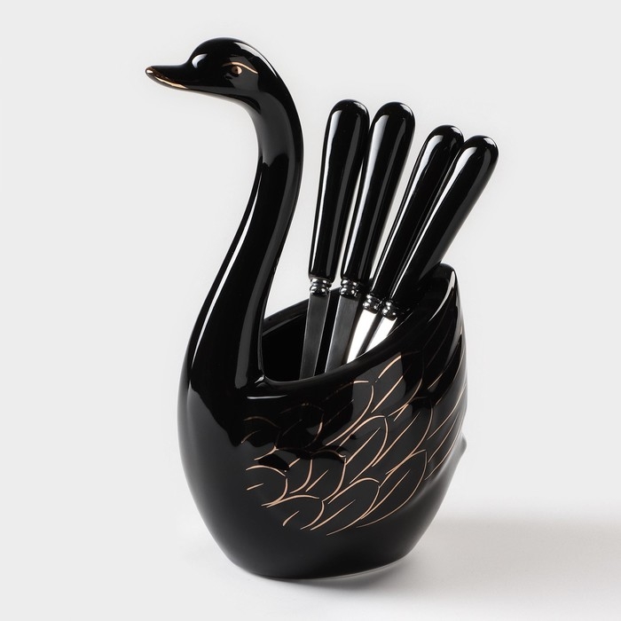 Подставка для столовых приборов &laquo;Лебедь&raquo;, 5 предметов: подставка 9&times;6,5&times;16,5 см, 2 ложки, 2 вилки, цвет чёрный