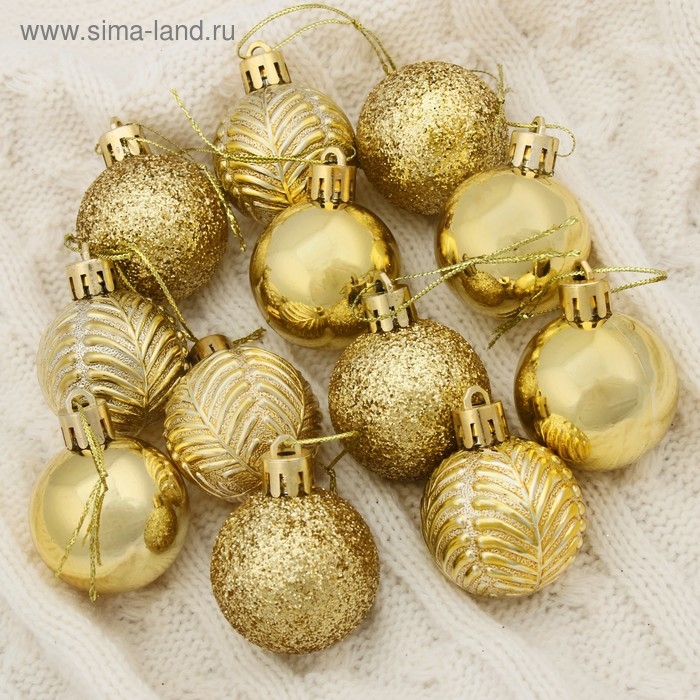 Набор шаров пластик d-4 см, 12 шт "Новогодние ветви" золото