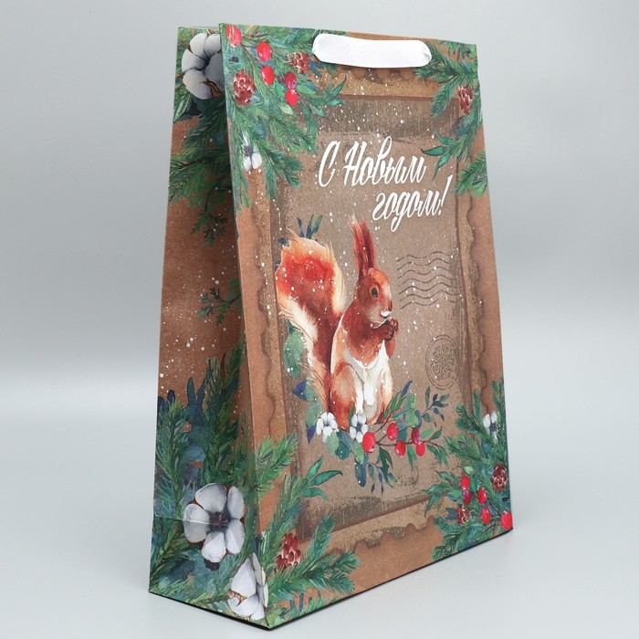 Пакет подарочный новогодний крафтовый вертикальный &laquo;С Новым годом&raquo;, L 31 х 40 х 11.5 см, Новый год