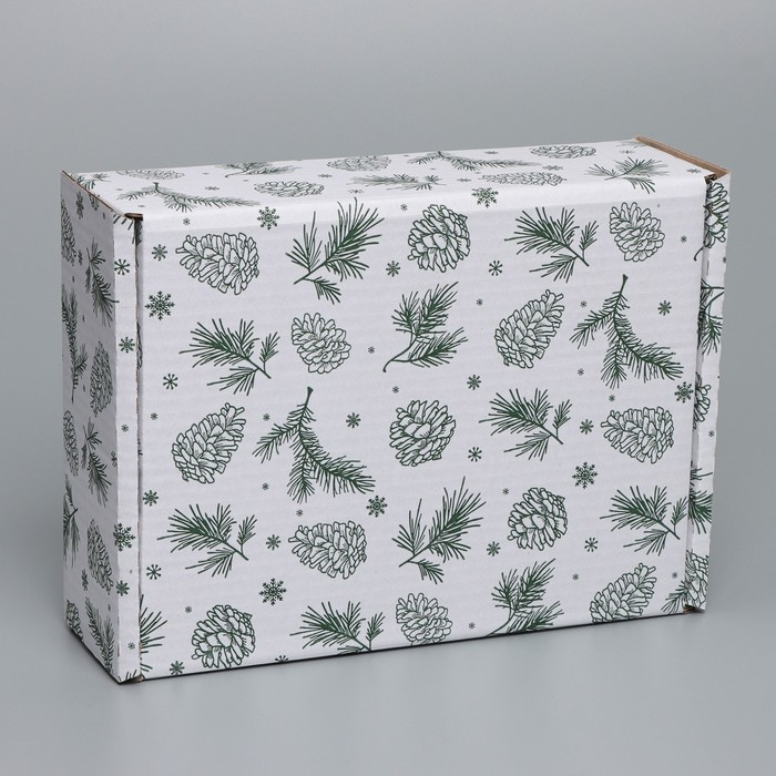 Коробка новогодняя складная &laquo;Шишки&raquo;, белый, 27 х 21 х 9 см, Новый год