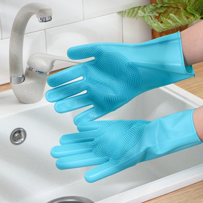 Перчатки хозяйственные Доляна, 28&times;14 см, силиконовые, цвет бирюзовый