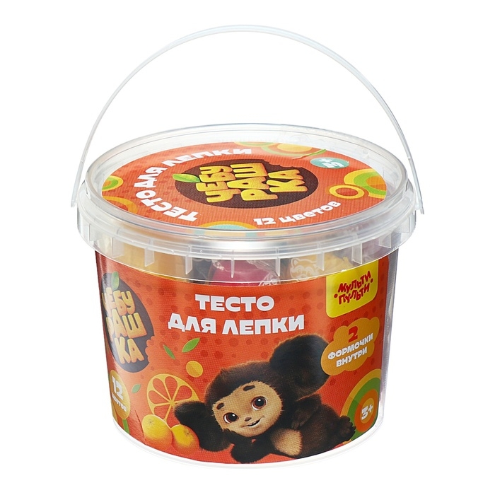 Тесто для лепки 12 цветов по 30 г Мульти-Пульти Тесто для лепки 12 цветов по 30 г Мульти-Пульти "Чебурашка", пластиковое ведро + 2 формочки, корекс