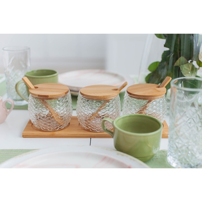 Набор банок стеклянных для сыпучих продуктов на деревянной подставке «Эко», 300 мл, с ложками, 3 шт Набор банок стеклянных для сыпучих продуктов на деревянной подставке «Эко», 300 мл, с ложками, 3 шт