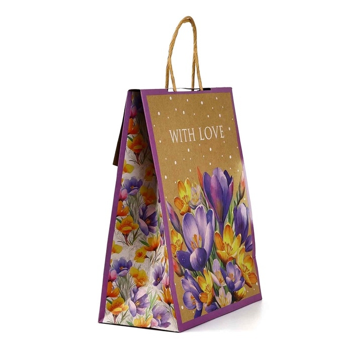 Пакет с клапаном &laquo;Подарок&raquo;, цветы, крафт, глиттер, 19,5 &times; 10 &times; 25.2 см