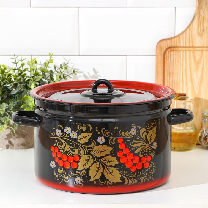 Кастрюля эмалированная &laquo;Рябина&raquo;, 7 л, цвет черный