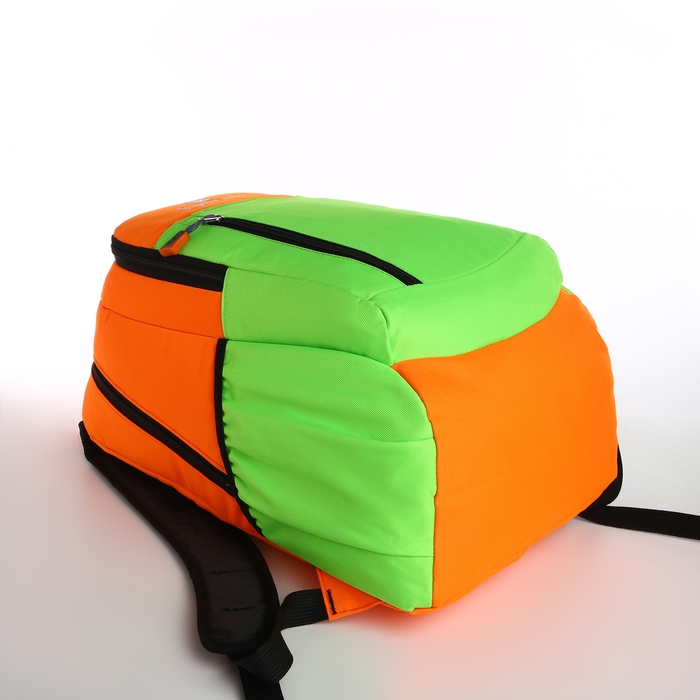 Рюкзак школьный, 2 отдела на молнии, 3 кармана, цвет зелёный/оранжевый