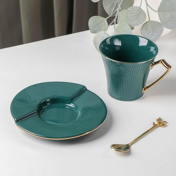 Чайная пара керамическая &laquo;Элизабет&raquo;, 3 предмета: чашка 240 мл, блюдце d=13,5 см, ложка, цвет зелёный