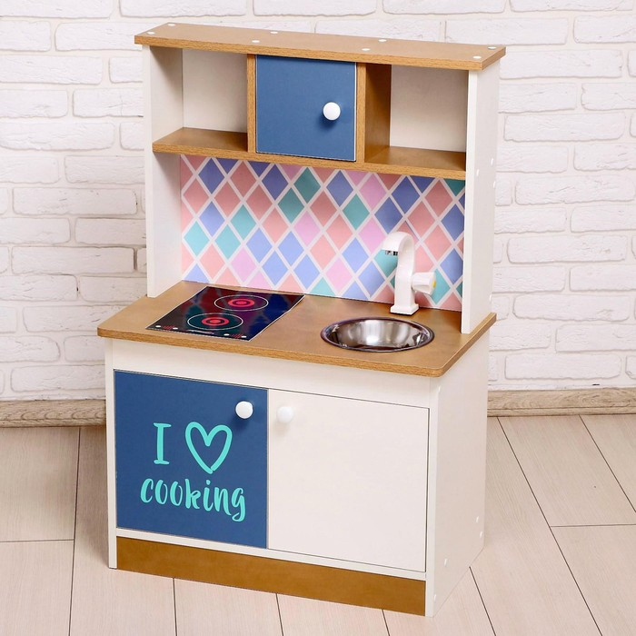 Игровая мебель &laquo;Детская кухня&raquo;, цвет корпуса бело-бежевый, цвет фасада бело-голубой, фартук ромб