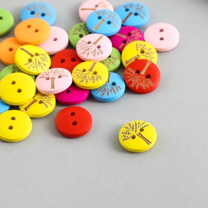Пуговицы дерево для творчества 2 прокола "Деревце" набор 30 шт 1,5х1,5х0,3 см МИКС