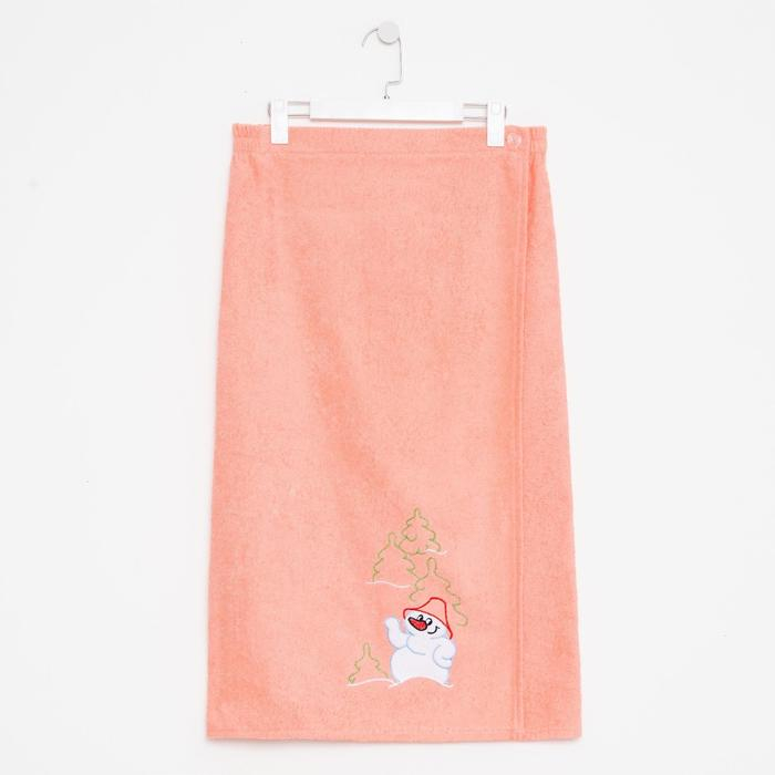 Килт женский для бани и сауны, цвет персиковый вышивка Снеговик, размер 80х150&plusmn;2 см, махра 300г/м 100% хлопок