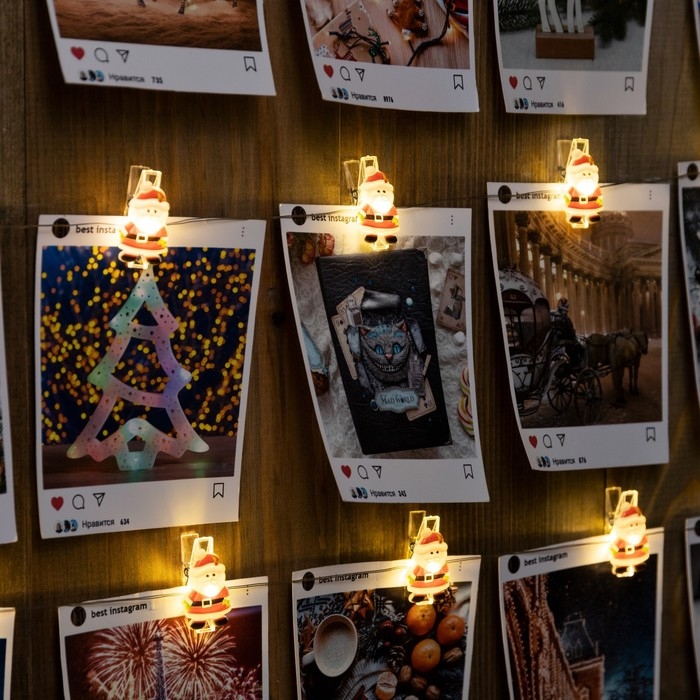 Гирлянда &laquo;Нить&raquo; 2 м роса с насадками &laquo;Прищепки с Дедом Морозом&raquo;, IP20, серебристая нить, 20 LED, батарейки ААх2 (нет в комплекте), свечение тёплое белое