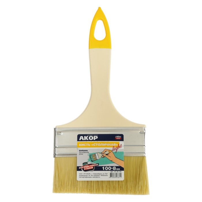 Кисть плоская Кисть плоская "АКОР" Столичная, искусственная щетина, пластиковая рукоятка, 100х8 мм