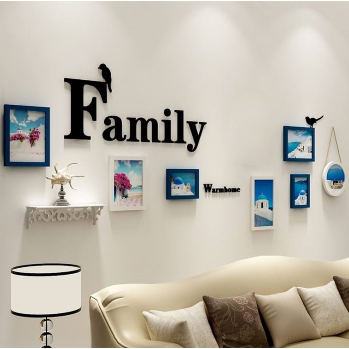 Фоторамка пластик на 7 фото+надпись+полочка Фоторамка пластик на 7 фото+надпись+полочка "Family. Птицы" сине-белые набор 86х186 см