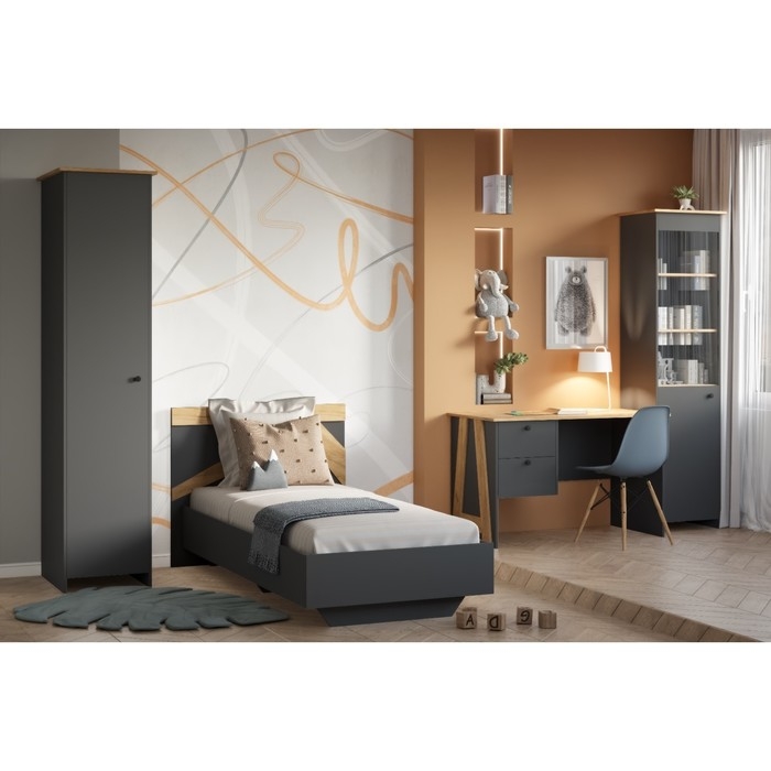 Кровать односпальная с основанием Теодора, сп/место 900*2000, Графит/Крафт золотой