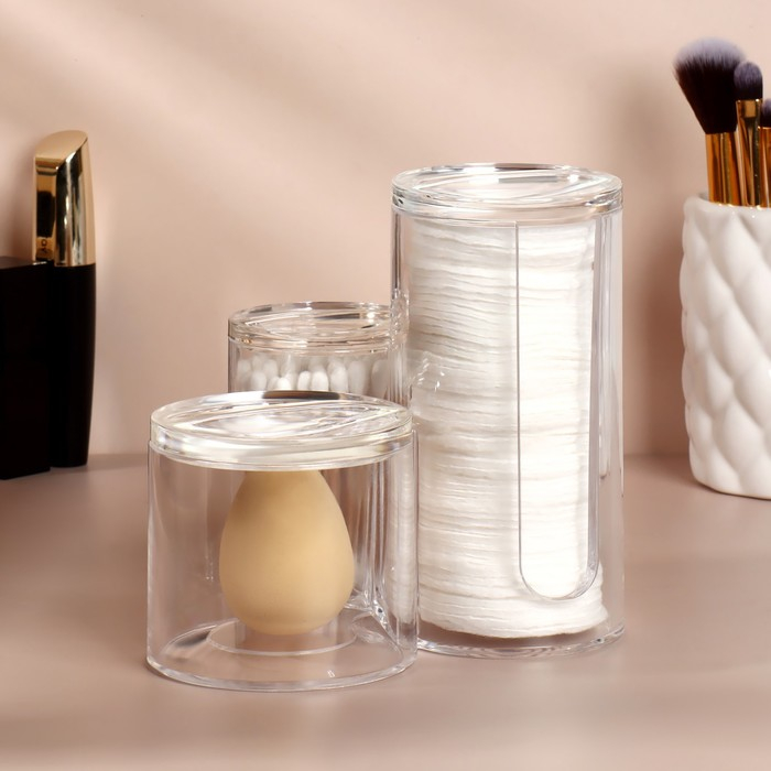 Органайзер для ватных палочек и дисков, с крышкой, 3 секции, 14 &times; 14 &times; 13 см, цвет прозрачный
