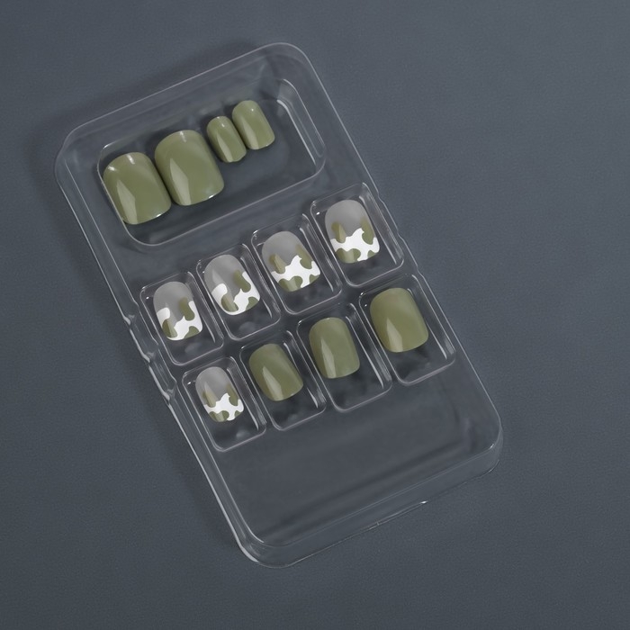 Накладные ногти &laquo;Хакки&raquo;, 12 шт, с клеевыми пластинами, форма мягкий квадрат, цвет зелёный/белый