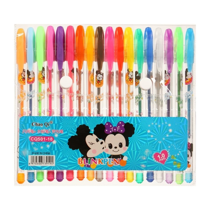 Набор гелевых ручек, 18 цветов, металлик, корпус с рисунком, в блистере на кнопке Набор гелевых ручек, 18 цветов, металлик, корпус с рисунком, в блистере на кнопке