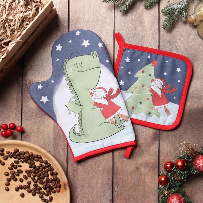 Новый год. Набор кухонный Доляна "Новогодние объятия": варежка 20х28 см, прихватка 17х17 см, 35% хл, 65% пэ