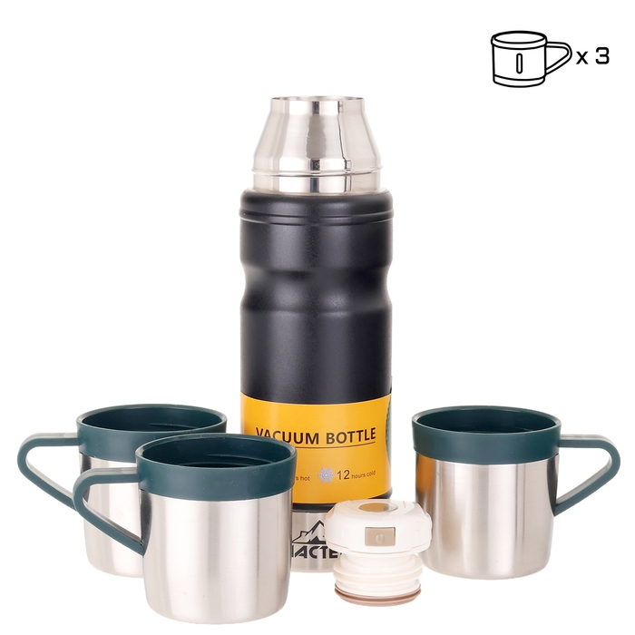 Набор "Мастер К": термос 680 мл и 3 кружки, сохраняет тепло 12 ч, черный