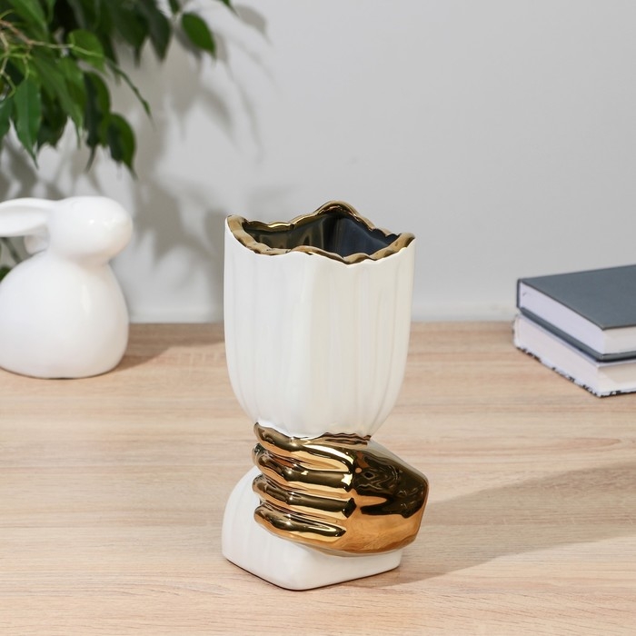 Ваза керамика настольная Ваза керамика настольная "Дерк" полосы, d-8,5 см h-19,5 см, золотисто-белый