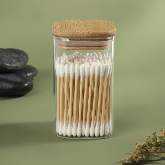 Органайзер для хранения ватных палочек &laquo;BAMBOO&raquo;, с крышкой, 10 &times; 6 &times; 6 см, в картонной коробке, цвет прозрачный/коричневый