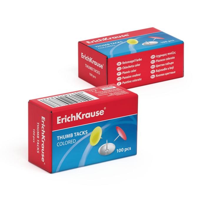 Кнопки канцелярские, цветные 10 мм, 100 штук, Erich Krause Кнопки канцелярские, цветные 10 мм, 100 штук, Erich Krause