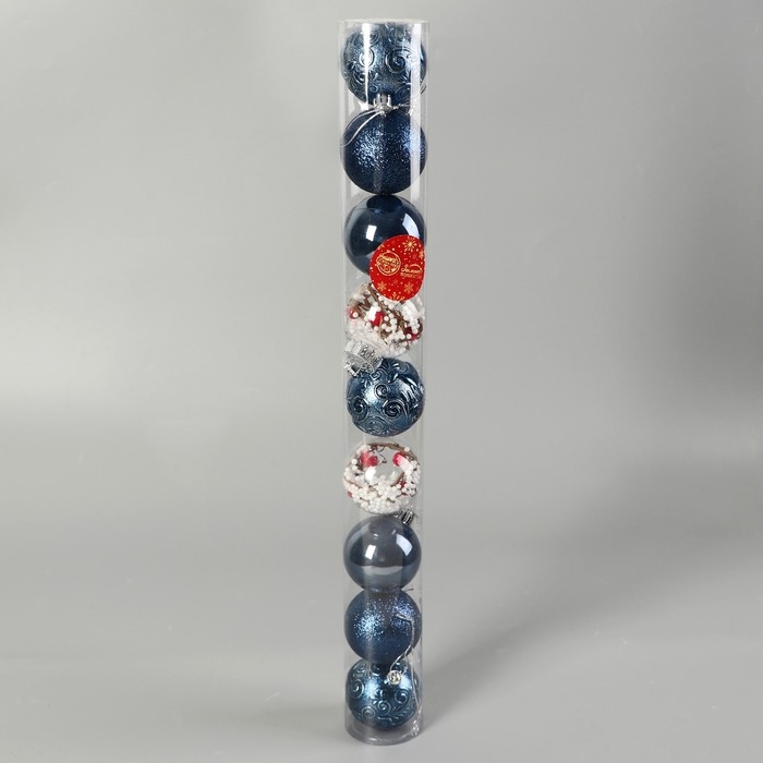 Набор шаров пластик d-6 см, 9 шт "Мелодия" веточки блеск узор, синий