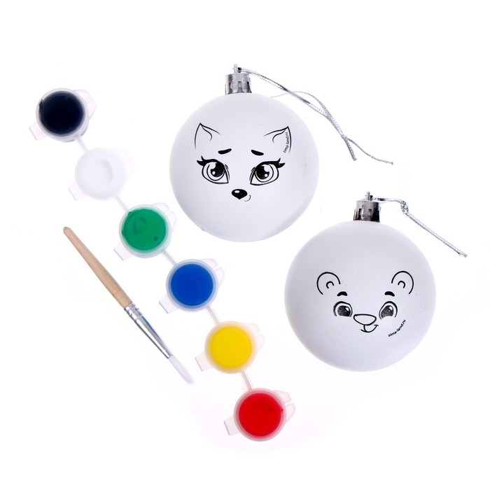 Ёлочные шары под раскраску на новый год «Веселые друзья», набор 2 шт, краски, новогодний набор для творчества Ёлочные шары под раскраску на новый год «Веселые друзья», набор 2 шт, краски, новогодний набор для творчества