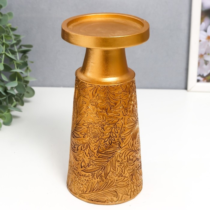 Подсвечник полистоун на 1 свечу "Растительные узоры" золото 19,5х9,5х9,5 см