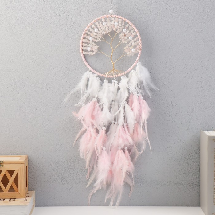 Ловец снов "Дерево с жемчугом" бело-розовый d=16 см 65х16 см МИКС