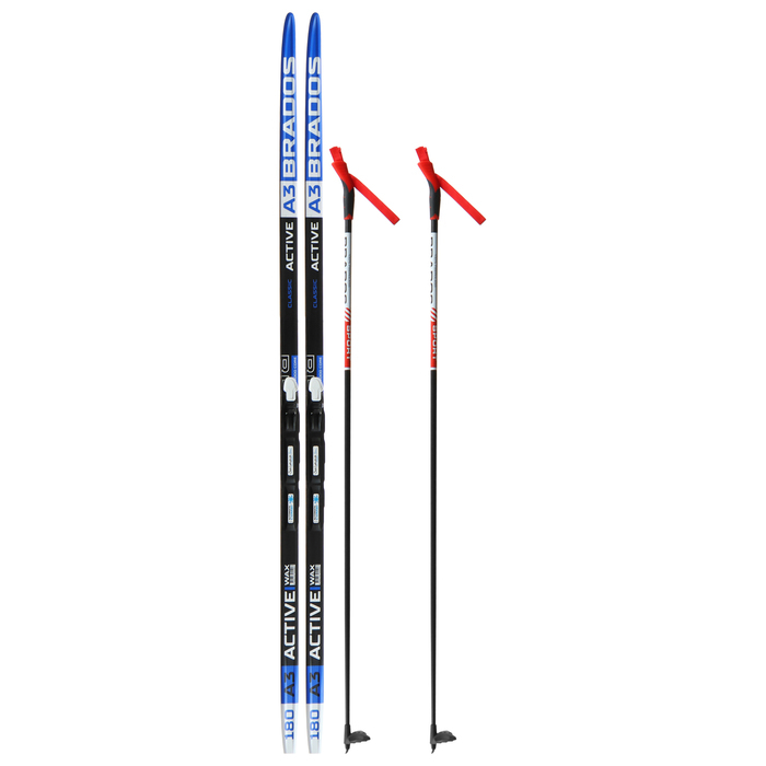 Комплект лыжный: пластиковые лыжи 180 см без насечек, стеклопластиковые палки 140 см, крепления SNS, цвета МИКС