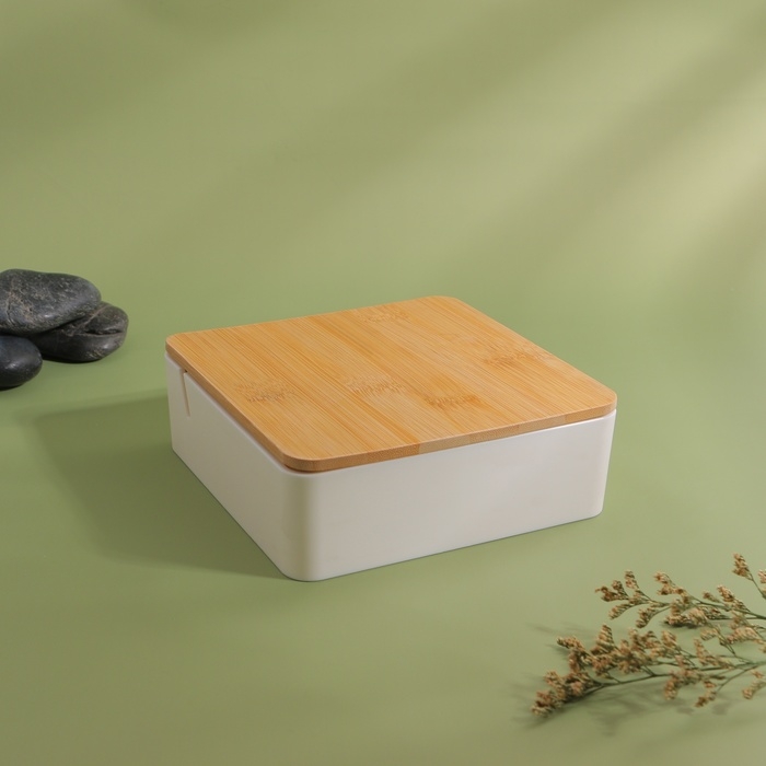 Бокс для хранения косметических принадлежностей, с зеркалом, 4 секции, 15 &times; 15 &times; 5 см, цвет белый/коричневый