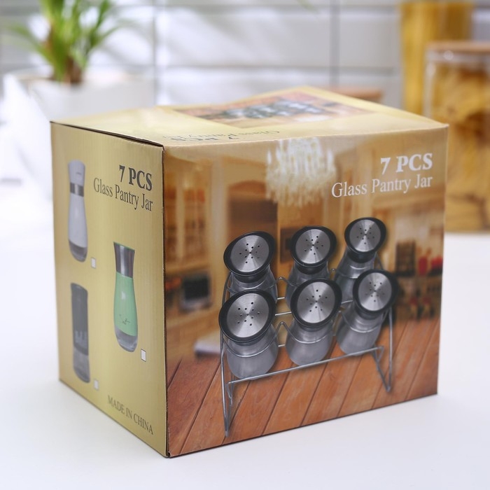 Набор банок стеклянных для сыпучих продуктов «Стиль», 20×16×17 см, на подставке, 6 шт, цвет МИКС Набор банок стеклянных для сыпучих продуктов «Стиль», 20×16×17 см, на подставке, 6 шт, цвет МИКС