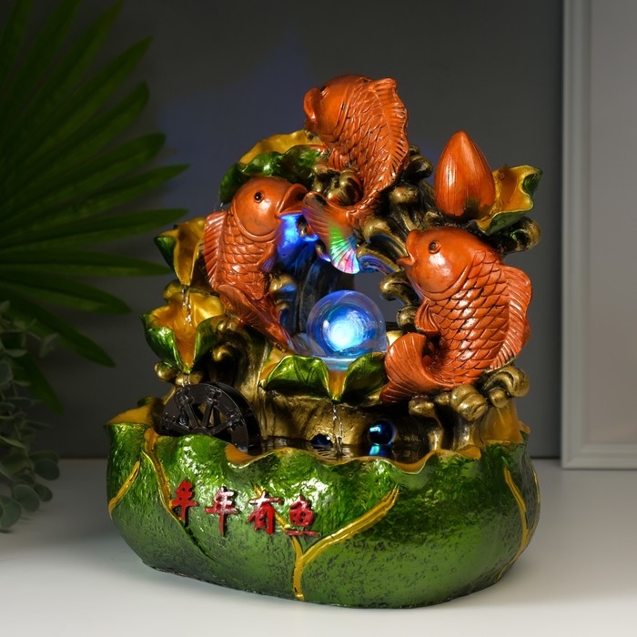 Фонтан настольный от сети, подсветка "Три карпа" 32х29х19 см