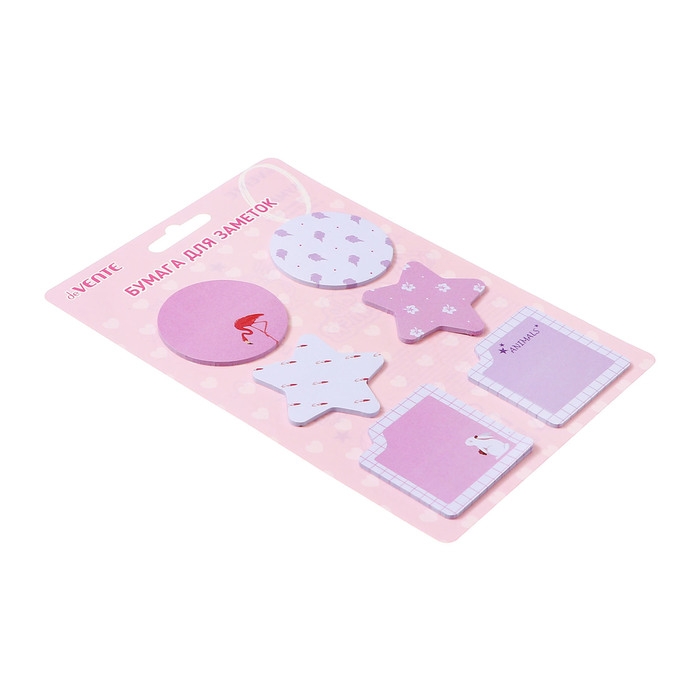Набор клейкой бумаги для заметок "deVENTE. Flamingo&Rabbit" бумажные 45x45 мм, 6x20 листов, офсет 80 г/м&sup2;, ассорти форм, 6 дизайнов, в картонном блистере и пластиковом пакете с европодвесом