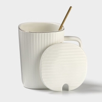 Кружка Simple, 320 мл, 14,5&times;10,5&times;8,5 см, с крышкой и ложкой, керамика, белая