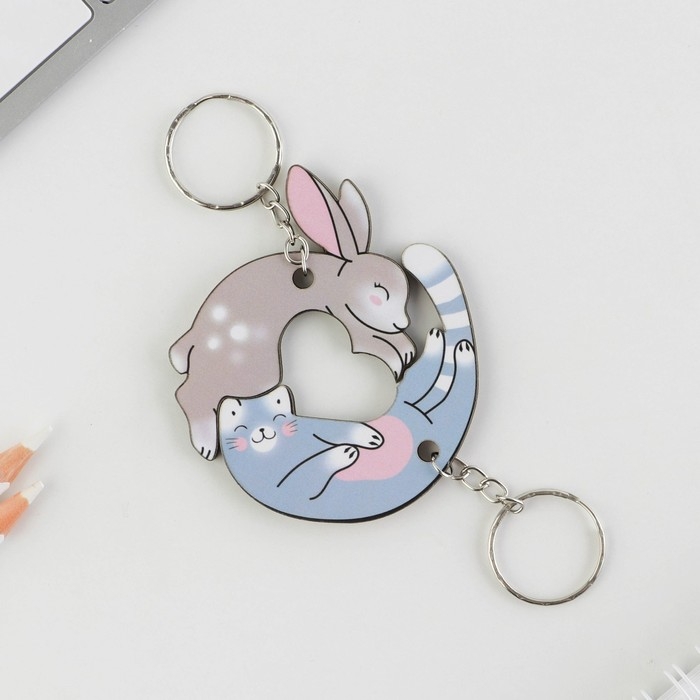 Брелок для ключей парный &laquo;Заяц и кот&raquo;, деревянный, 5,6 х 3,2