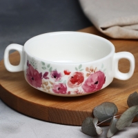 Супница с ручками керамическая &laquo;Цветы&raquo;, 10.5 х 5 см, 220 мл, цвет белый