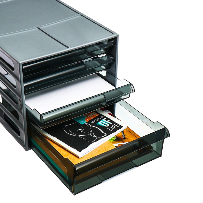 Файл-кабинет 4-секционный СТАММ, серый корпус, черные лотки