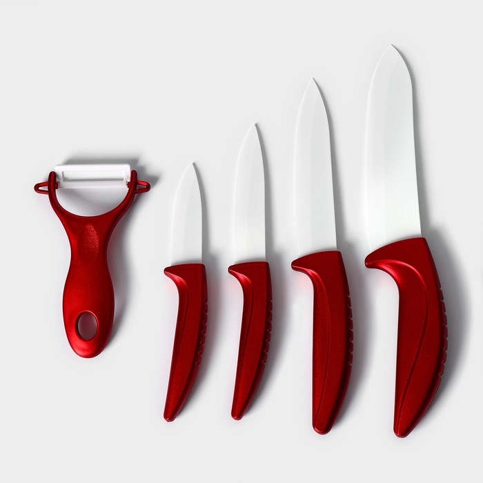 Набор кухонный на подставке &laquo;Изгиб&raquo;, 4 предмета: 3 ножа, овощечистка, + нож в подарок, цвет красный