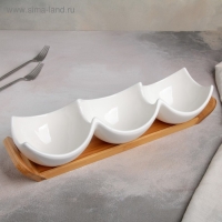 Менажница керамическая 3 ячейки на деревянной подставке &laquo;Эстет&raquo;, 39,8&times;11,4 см, цвет белый