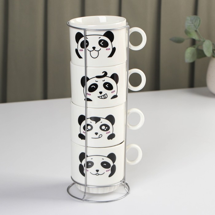 Набор кружек керамических на металлической подставке Доляна &laquo;Панда&raquo;, 4 предмета: 220 мл, цвет белый