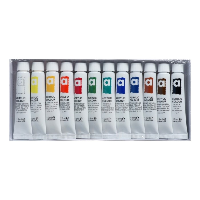 Краски акриловые 12 мл, в металлической тубе, в картонной коробке, 12 цветов Краски акриловые 12 мл, в металлической тубе, в картонной коробке, 12 цветов