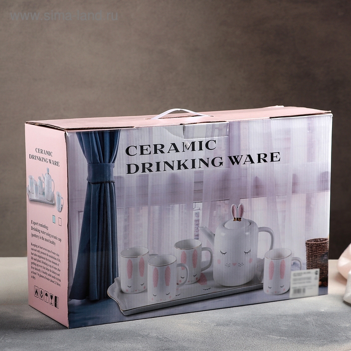 Набор керамический чайный &laquo;Зайка&raquo;, 6 предметов: 4 кружки 220 мл, чайник 900 мл, поднос