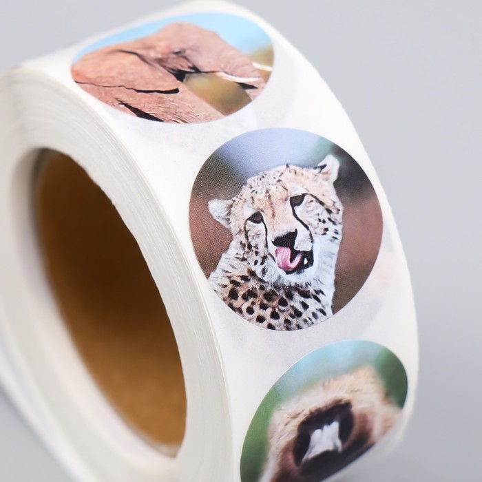 Наклейка бумага Наклейка бумага "Дикие звери" d=2,5 см 500 шт в рулоне 3х6,5х6,5 см