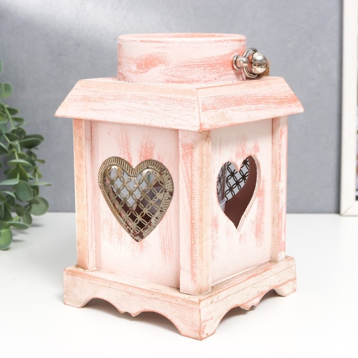 Подсвечник дерево на 1 свечу "Фонарик с сердцем" с ручкой 20х12х12 см