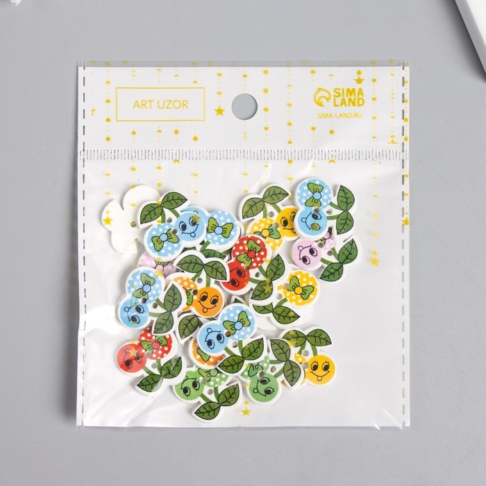 Пуговицы дерево для творчества 2 прокола "Вишенки с бантиком" набор 20шт 1,9х1,9х0,2 см МИКС