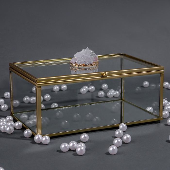 Органайзер для хранения &laquo;MOUNTAINS&raquo;, с крышкой, стеклянный, с зеркальным дном, 1 секция, 17 &times; 10,5 &times; 7 см, цвет прозрачный/медный