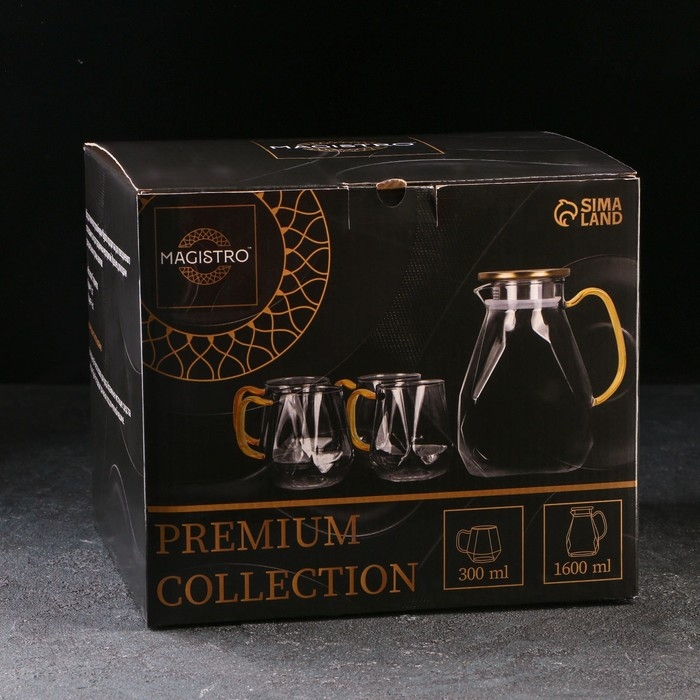 Набор для напитков из стекла Magistro &laquo;Дарк. Льдинка&raquo;, 5 предметов: кувшин 1,6 л, 4 кружки 300 мл, цвет серый